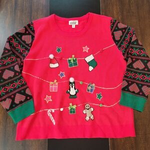 Feeling Festive Ugly Christmas Sweater Holiday‎ Party Red Candy Cane Hearts XXL